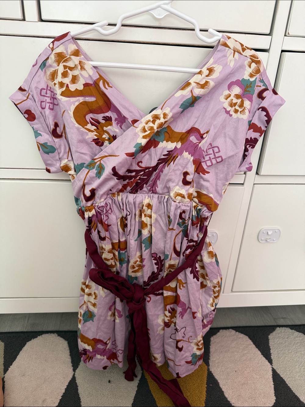Lavender Floral Wrap Dress with Maroon Sash